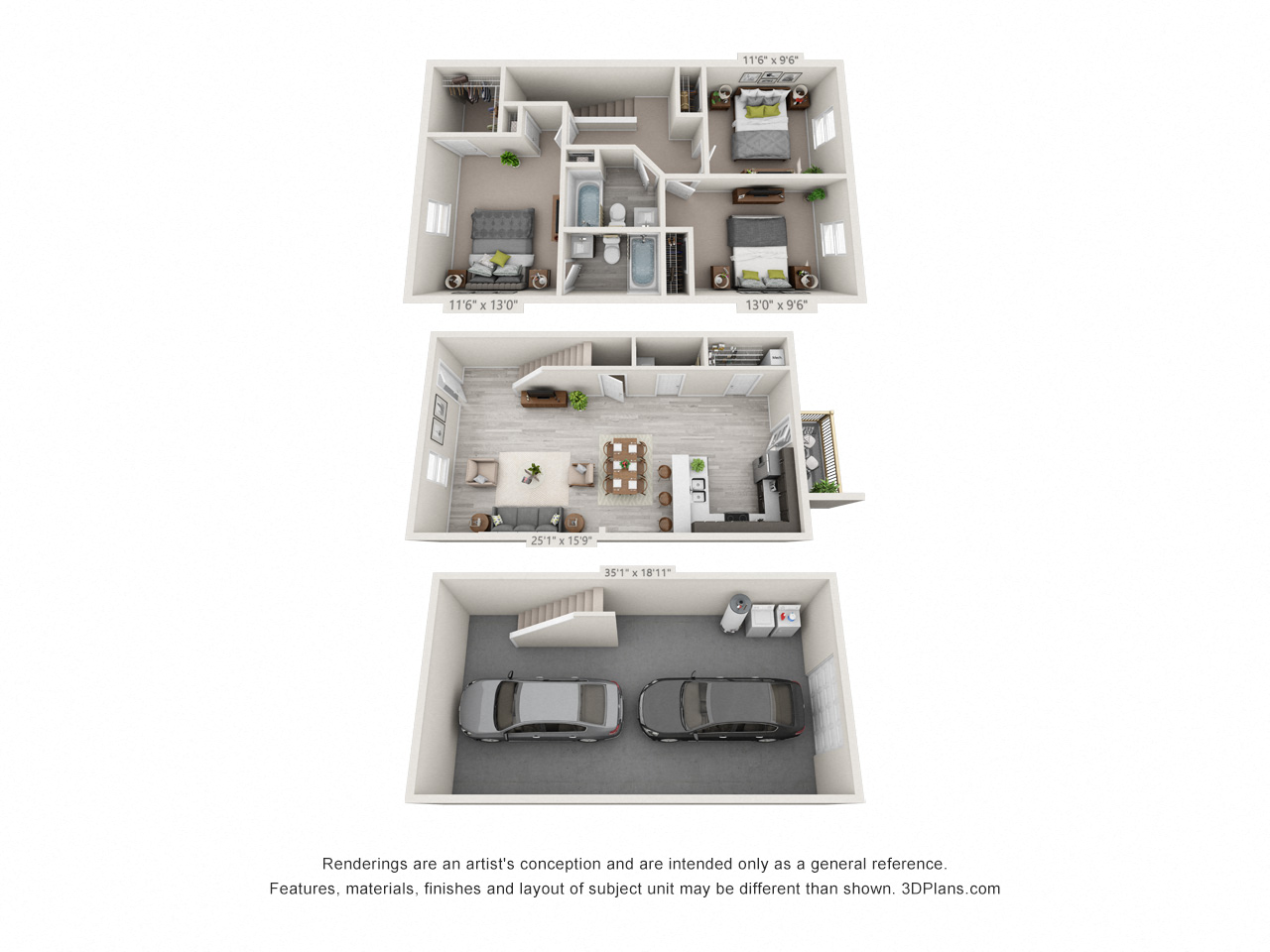 Floor plan for 3 beds, 2.5 baths, 1440 sqft